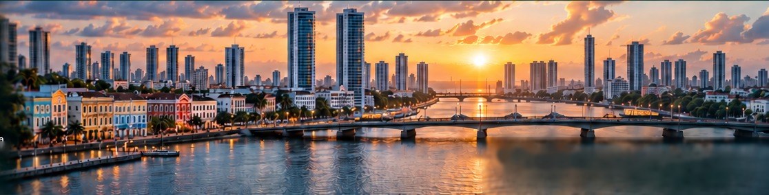 Vista do Recife ao pôr do sol: prédios, casario colorido e a ponte sobre o rio